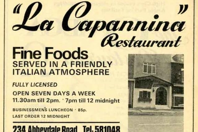 An advert for the Italian restaurant La Capannina, on Abbeydale Road, Sheffield, from Kelly's Directory of Sheffield and Rotherham, 1974