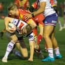 Eagles centre James Glover making a tackle against Wakefield
