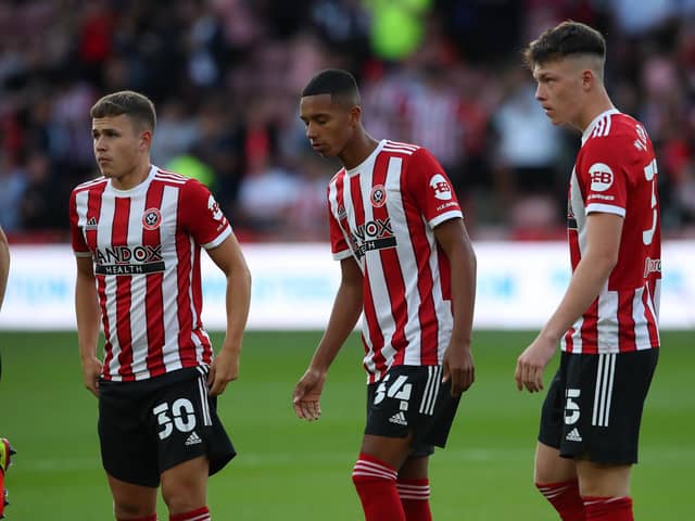 Zak Brunt, Kyron Gordon and Kacer Lopata in Carabao Cup action for Sheffield United: Simon Bellis / Sportimage