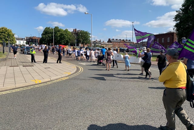 The hour-long march wove in and around the centre of Chesterfield, with traffic pipping their horns in support