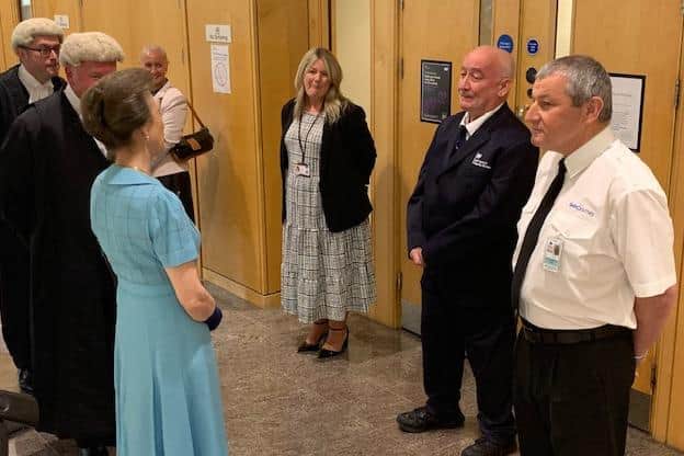 Princess Anne is introduced to Sheffield Crown Court security staff.