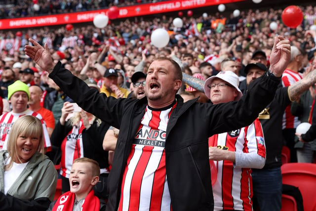 LONDON, ENGLAND - APRIL 22: Sheffield United fans show their support during the FA Cup Semi Final match between Manchester City and Sheffield United at Wembley Stadium