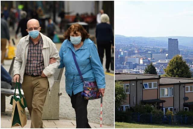Shoppers wearing face masks walk past a sign calling for the wearing of face coverings in shops, in the city centre of Sheffield. Pics by Oli Scarff and Lindsey Parnaby via AFP for Getty Images).