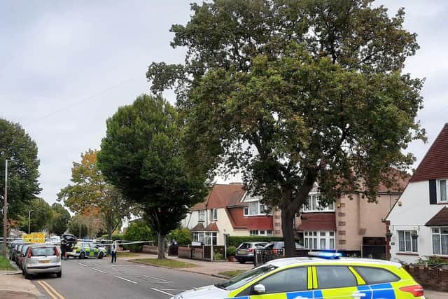 Emergency services at the scene near the Belfairs Methodist Church in Eastwood Road North, Leigh-on-Sea, Essex, where Conservative MP Sir David Amess has reportedly been stabbed several times at a constituency surgery (pic: @LeeJordo1/PA Wire)