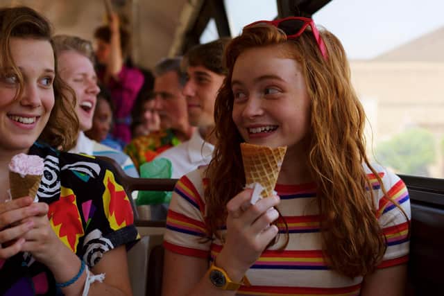 Eleven (Millie Bobby Brown) with Max (Sadie Sink) in the beginning episodes of Stranger things season three.