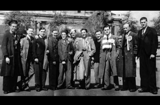Airspeed lads up for the cup 1942. Airspeed lads plus a sailor friend pose in Trafalgar Square. All in suits and ties. Picture: Len Durrant collection