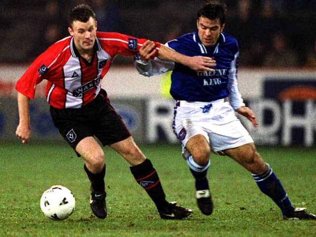 Graham Stuart in action for Sheffield United against Ipswich in 1998