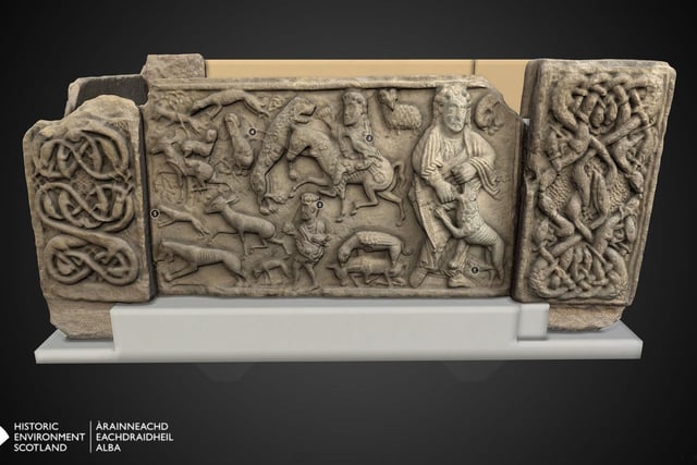 Discovered close to St Andrews Cathedral, this piece of late 8th Century  Pictish stone coffin shows an incredible arrage of figures, including one breaking the jaws of a lion and another armed with a spear  and poised to strike a wolf.  It is believed to have been commissioned by Pictish King Óengus, although it is not clear if it was used for his own burial.