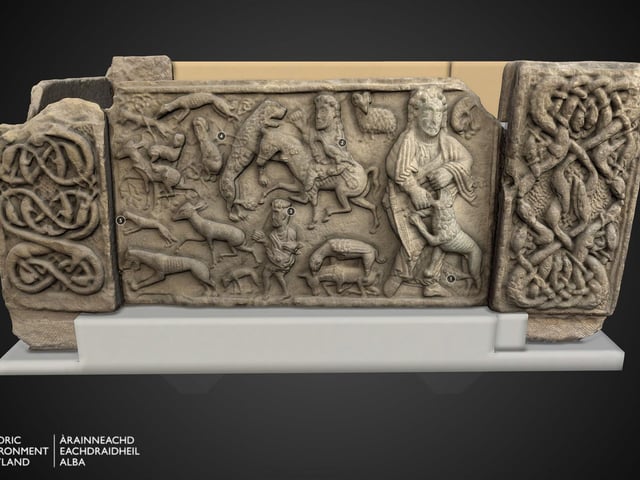 Discovered close to St Andrews Cathedral, this piece of late 8th Century Pictish stone coffin shows an incredible arrage of figures, including one breaking the jaws of a lion and another armed with a spear and poised to strike a wolf. It is believed to have been commissioned by Pictish King Óengus, although it is not clear if it was used for his own burial.