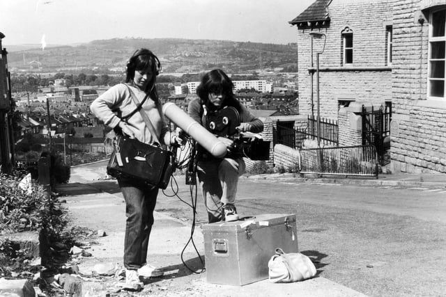 A day's filming in Walkley with Christine Bellamy, left, and Jenny Woodley of the Sheffield Film Co-operative on August 13 1981