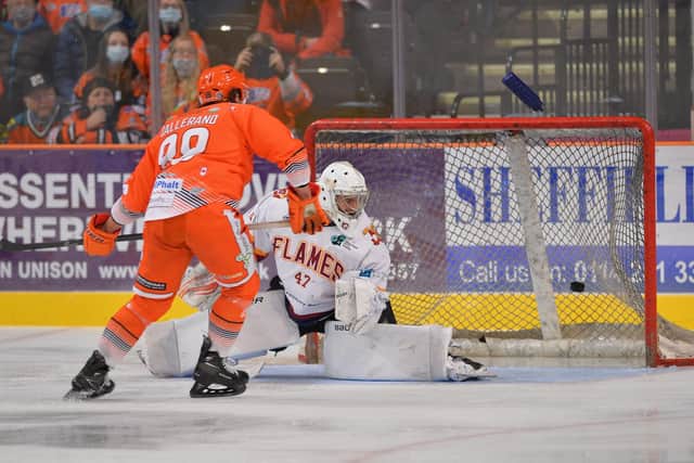 Sheffield Steelers' Marco Vallerand finds the net. Picture: Dean Woolley