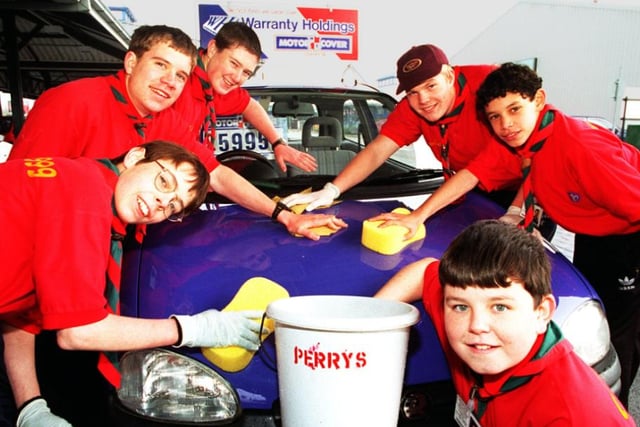 The 58th Doncaster scouts were given £100 back in 1997 to wash the used cars at Perry's car dealers and the money was put towards their jamboree to Chile. Pictured at the back Chris Tate and Matthew Vernon, middle Robert Simmons and Phillip Tasker and front Peter McCrystal and David Plant.
