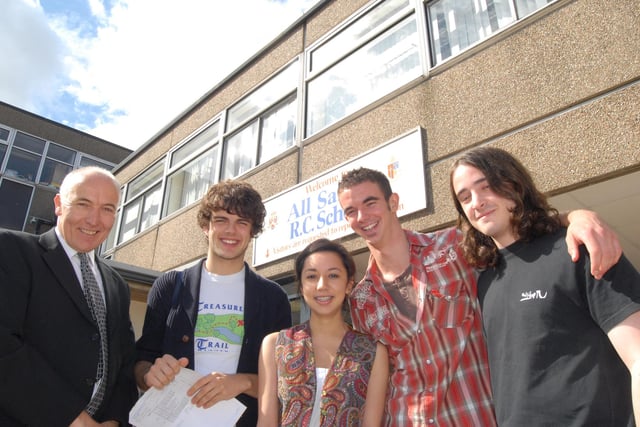 Acting Headteacher Bernard Monoghan, left pictured with five of the school's successful A-level pupils in 2008. Pupils pictured from the left are; Anthony Pickersgill, Sarah Maguire, Tom Richardson and Daniel Scanlon.