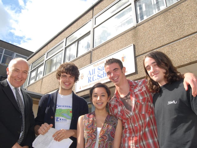 Acting Headteacher Bernard Monoghan, left pictured with five of the school's successful A-level pupils in 2008. Pupils pictured from the left are; Anthony Pickersgill, Sarah Maguire, Tom Richardson and Daniel Scanlon.
