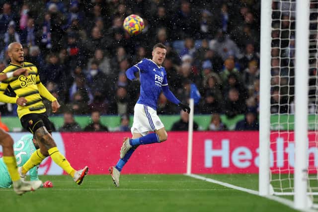 Sheffield-born Jamie Vardy equalled a Premier League record in Leicester City's win over Watford.
