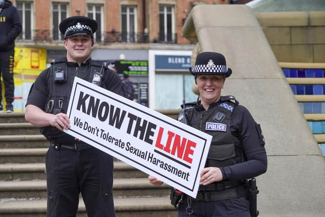 Launch of the Know The Line campaign in the Paece Gardens in Sheffield. PC Oliver Wilson and Insp. Ali Bywater. Picture Scott Merrylees