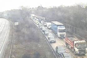 Queueing sliproad traffic affected by the closure of the M1 northbound near junction 29 this afternoon