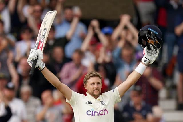 England's Joe Root celebrates his century during day four of Cinch First Test match at Trent Bridge, Nottingham on Saturday August 7, 2021. Picture: Tim Goode/PA Wire