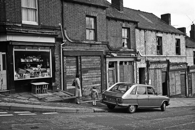 Burgoyne Road, Walkley in 1981 with shops boarded up before the last stage of selected demolition