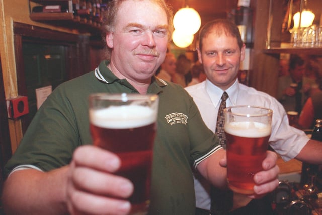 At the launch of new Wentworth beer, George and Dragon made by bBrewer Gary Sheriff (left) pictured with the new beer, with landlord, Gary Sweeting in 2003