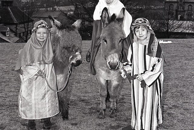 Tideswell school nativity in  1980 with real donkeys