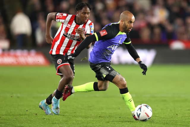 Lucas Moura of Tottenham Hotspur is closed down by Andre Brooks of Sheffield United: Alex Pantling/Getty Images