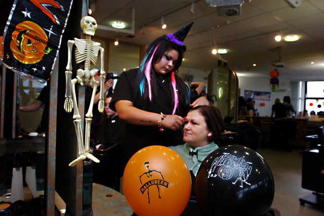 A Halloween theme for Sunderland College's hairdressing department in 2009. Can you recognise the people getting into the Halloween spirit?