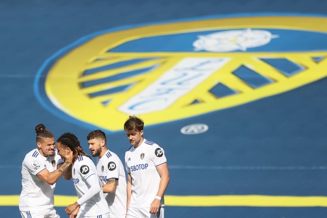 Leeds United's Portuguese midfielder Helder Costa celebrates with teammates after scoring.