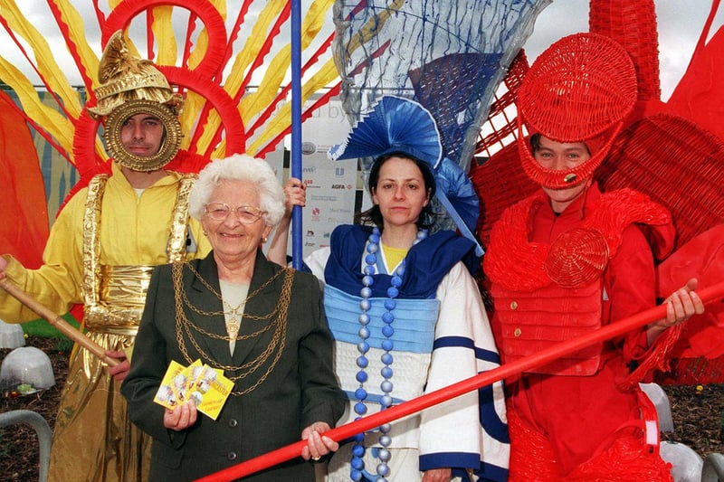 At the launch of the marketing initiative at the Earth Centre from the left,Anthony Pilling was Solar,Mayor Cllr Margaret Robinson,Deborah Sanderson was Tsunami the water goddess,Persephone Walker was Teltonia back in 1999