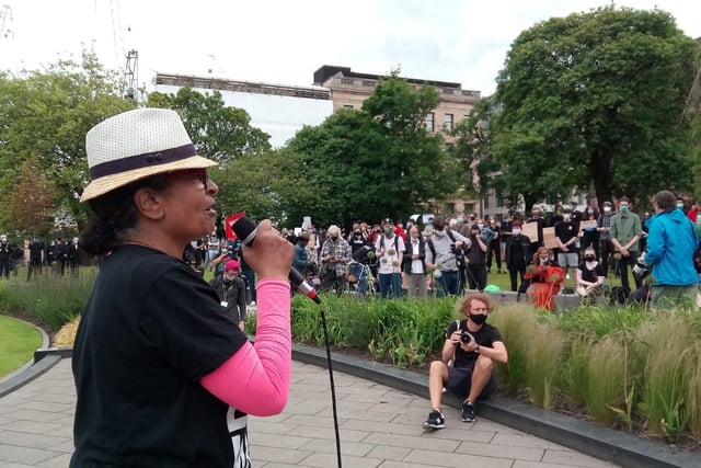 Fadeke Kokumo Rocks, a Dundee poet and activist, gave a rousing speech at the demonstration.