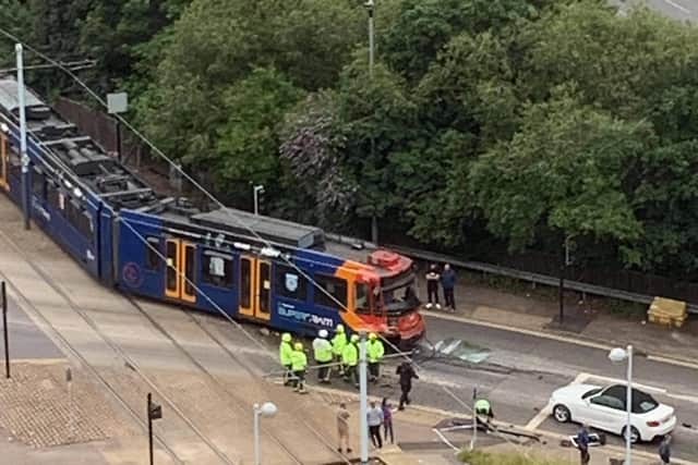 Tram crash at Hyde Park stop. Picture by James Russell