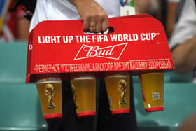 SOCHI, RUSSIA - JUNE 23: A fan carries a four tray full of Budweiser beer during the 2018 FIFA World Cup Russia group F match between Germany and Sweden at Fisht Stadium on June 23, 2018 in Sochi, Russia.  (Photo by Stu Forster/Getty Images)