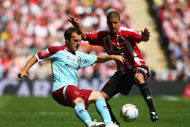 Robbie Blake of Burnley is closed down by Kyle Walker of Sheffield United during the Coca-Cola Championship Play-off Final between Burnley and Sheffield United at Wembley Stadium on May 25, 2009 (Photo by Jamie McDonald/Getty Images)