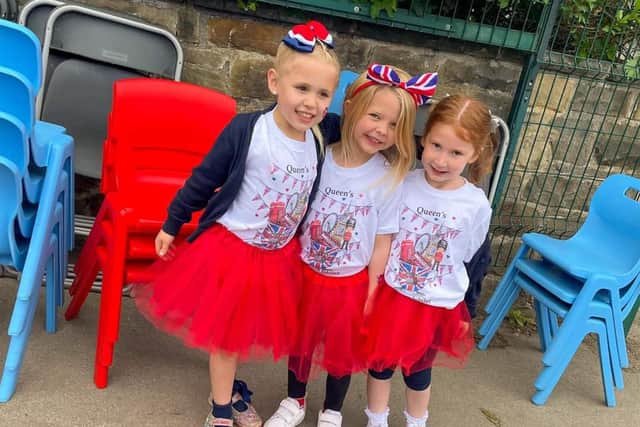 Children dressing up to celebrate Queen's Platinum Jubilee at  Ecclesfield Primary School.
