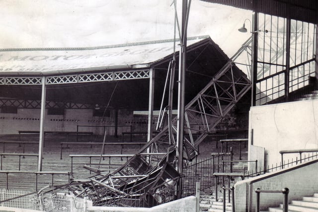 The shattered wreckage of one of the Sheffield United floodlight pylons at their Bramall Lane ground, caused by  the Sheffield hurricane of February 16, 1962