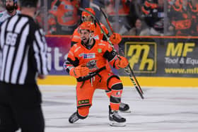 Brandon McNally celebrates scoring for Sheffield Steelers. Picture: Dean Woolley