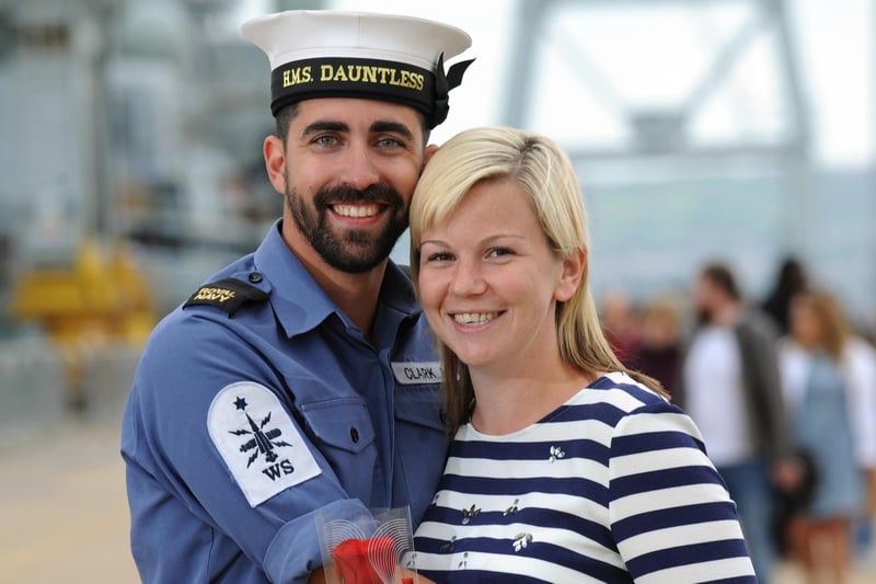 15th May 2015. (l-r)  Andy Clark and Ellie Randall. 
Home coming of HMS Dauntless at Portsmouth Dockyard, Portsmouth. 
 Picture: Allan Hutchings (150741-017)