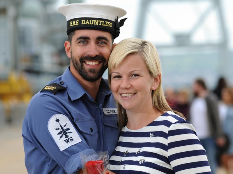 15th May 2015. (l-r)  Andy Clark and Ellie Randall. 
Home coming of HMS Dauntless at Portsmouth Dockyard, Portsmouth. 
 Picture: Allan Hutchings (150741-017)