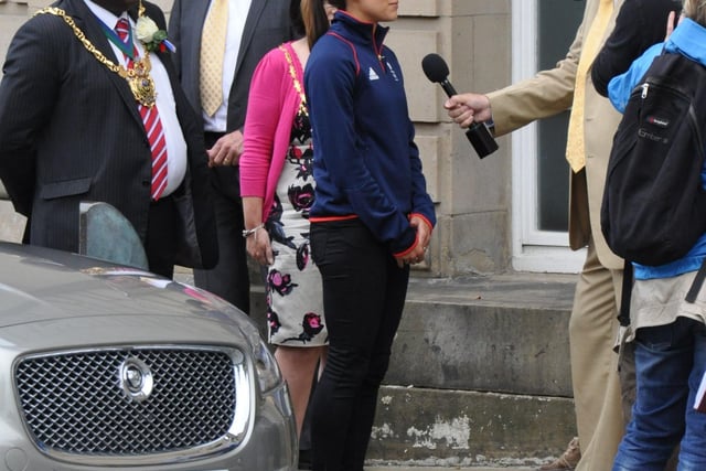 Jessica Ennis, City Hall, Sheffield,  being interviewed on arrival at the City Hall prior to her civic reception at Barker's Pool where she was welcomed back to Sheffield after achieving a gold medal for the heptathlon at the 2012 London Olympics. Left is Councillor John Campbell, Lord Mayor of Sheffield.  August 8 2012