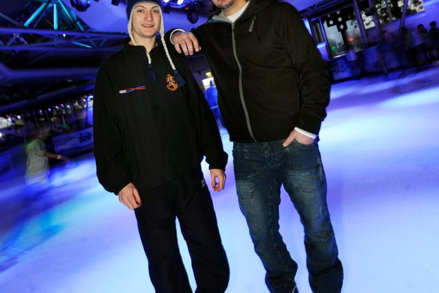 Ice Hockey Players Tom Squires(left) and Colt King pictured at the Doncaster Dome were they skated with youngsters in the Dome's Ice Caps Rink at the Ice Skating Xmas Disco Event in 2011