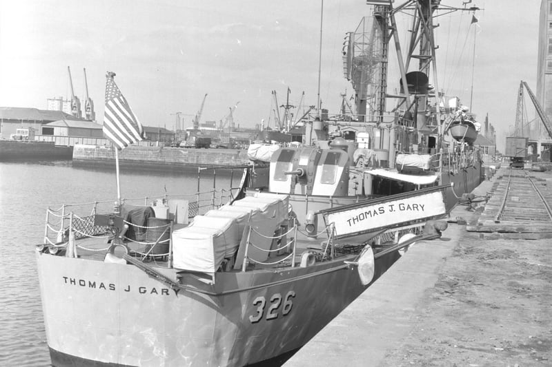 The United States radar picket ship USS Thomas J.Gary at Leith Docks in May 1966.