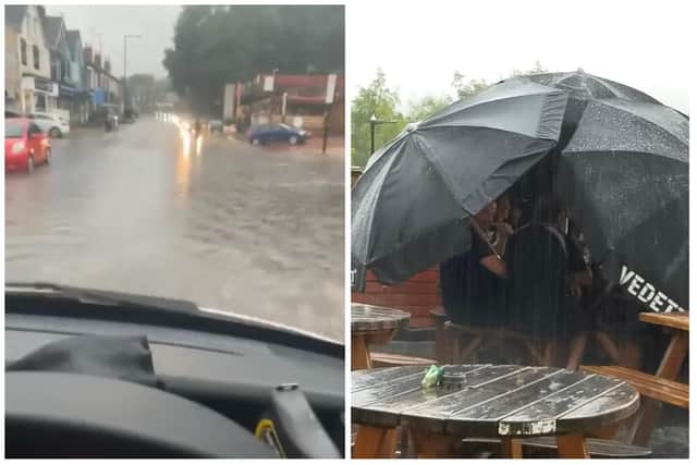 Parts of Abbeydale Road have experienced flooding tonight; but the heavy rain has not stopped punters at the Brothers Arms from enjoying a pint in the great outdoors.
Left picture courtesy of Sheffield online; right picture courtesy of the Brothers Arms