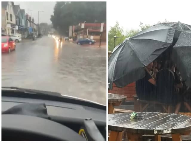 Parts of Abbeydale Road have experienced flooding tonight; but the heavy rain has not stopped punters at the Brothers Arms from enjoying a pint in the great outdoors.
Left picture courtesy of Sheffield online; right picture courtesy of the Brothers Arms