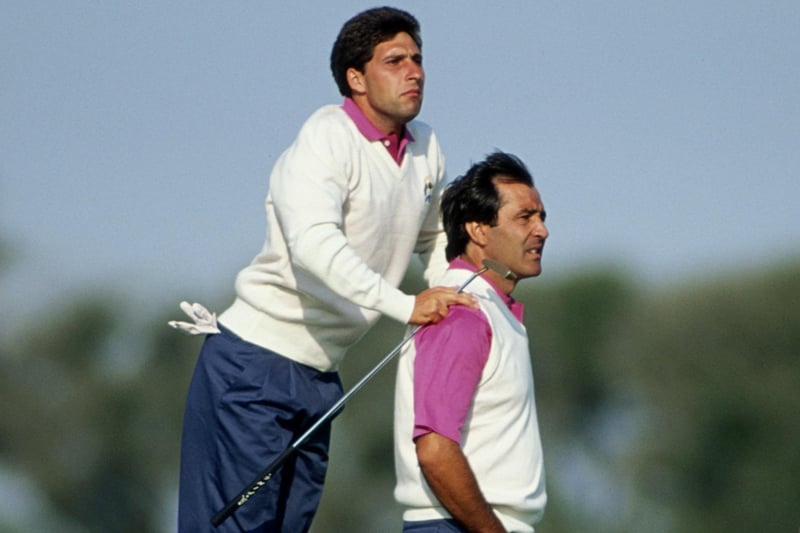 Love this picture of Jose Maria Olazabal leaping on Seve’s shoulders during the 1991 Ryder Cup at Kiawah Island – a lucky moment as the Americans were just about to hit. I risked it and bingo!