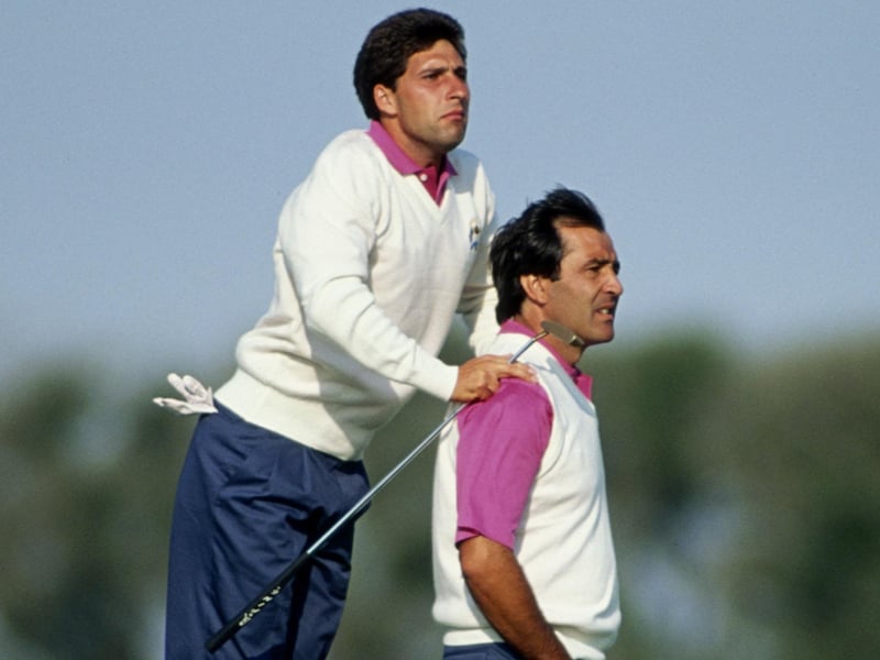 Love this picture of Jose Maria Olazabal leaping on Seve’s shoulders during the 1991 Ryder Cup at Kiawah Island – a lucky moment as the Americans were just about to hit. I risked it and bingo!