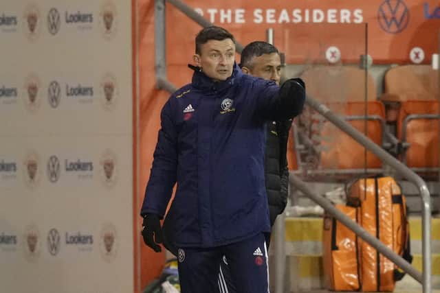 Blackpool, England, 16th March 2022.   Paul Heckingbottom manager of Sheffield Utd points during the Sky Bet Championship match at Bloomfield Road, Blackpool. Picture credit should read: Andrew Yates / Sportimage