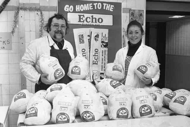 Albert George Gibbons of the High Street butchers and his sister Maria preparing the turkeys in 1974.