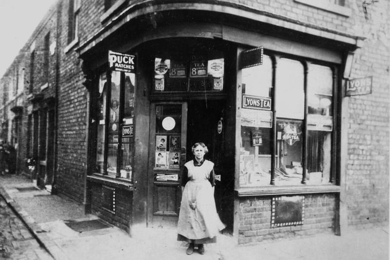 Mrs Ann Judge standing outside her corner shop in Durham Street. Photo: Hartlepool Museum Service.