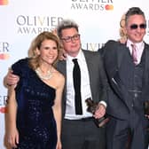 Harriet Scott with Tom Deering and Richard Hawley, winners of the Best Original Score or New Orchestrations for "Standing At The Sky's Edge", and Ronan Keating pose in the winner's room during The Olivier Awards 2023 at the Royal Albert Hall on April 02, 2023 in London, England. (Photo by Stuart C. Wilson/Getty Images)