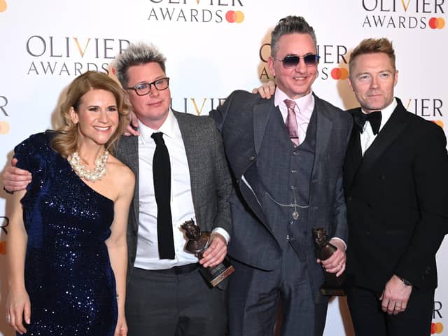 Harriet Scott with Tom Deering and Richard Hawley, winners of the Best Original Score or New Orchestrations for "Standing At The Sky's Edge", and Ronan Keating pose in the winner's room during The Olivier Awards 2023 at the Royal Albert Hall on April 02, 2023 in London, England. (Photo by Stuart C. Wilson/Getty Images)
